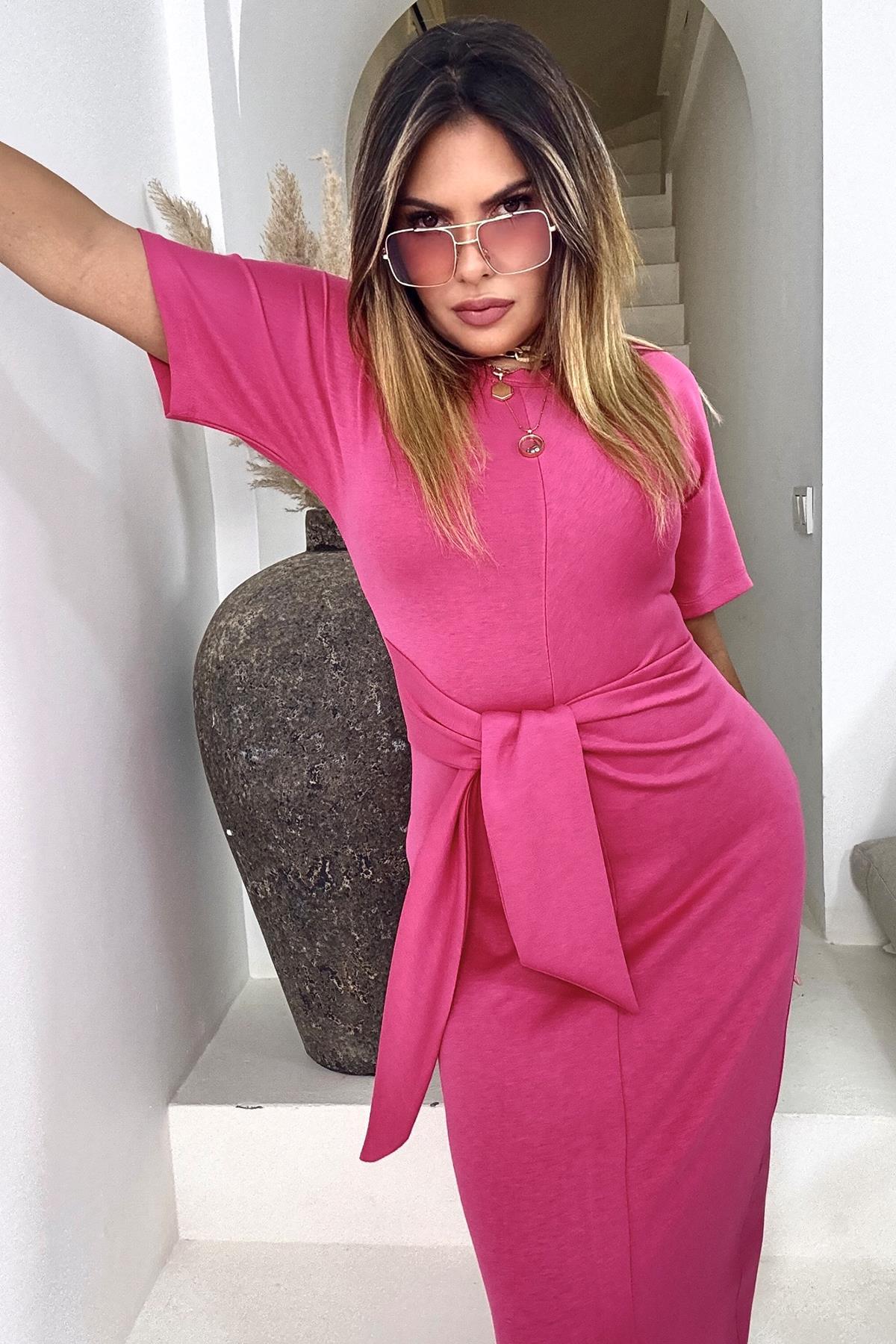 Modal Sweat Bağlamalı Elbise Pembe