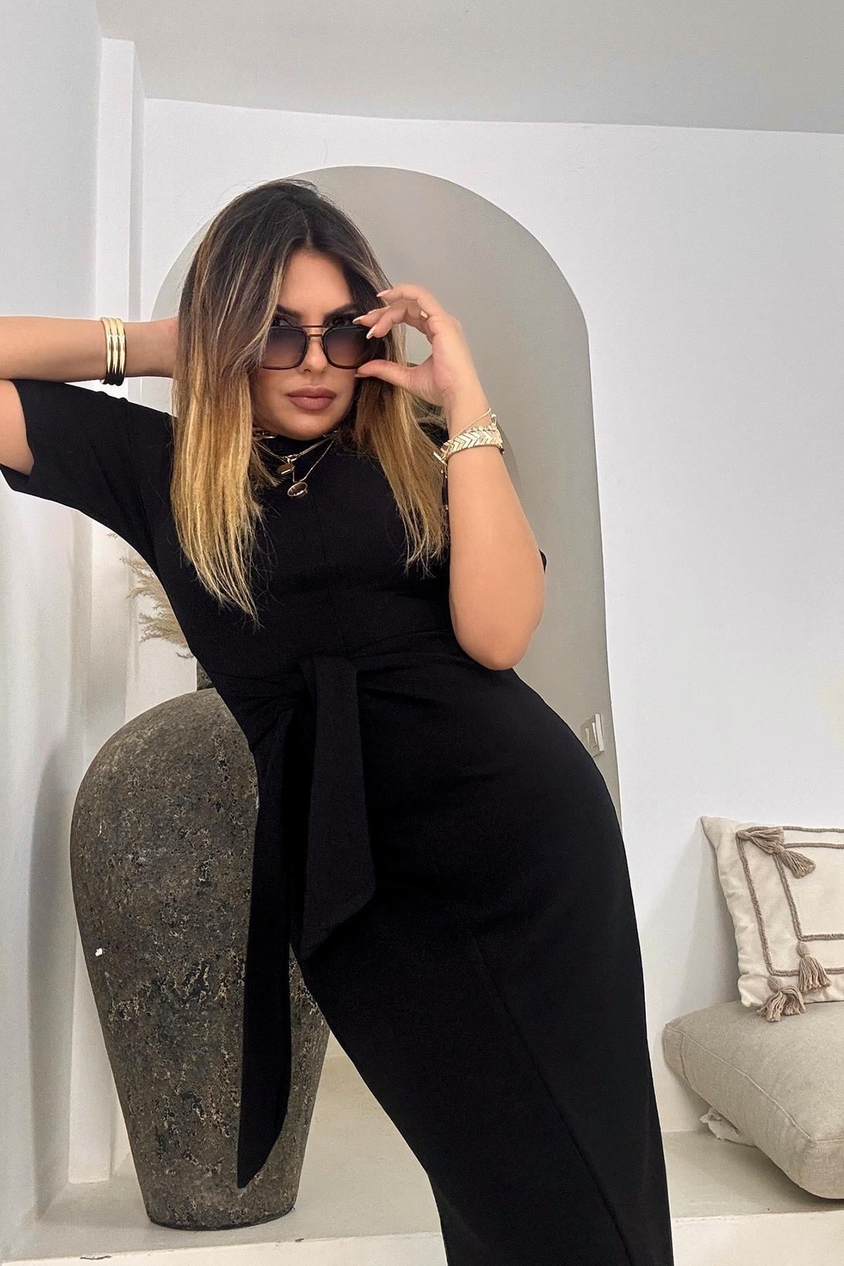Modal Sweat Bağlamalı Elbise Siyah