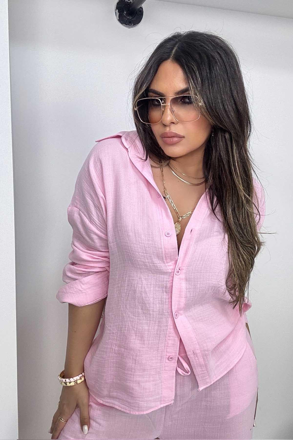 Müslin Uzun Gömlekli Takım Pembe