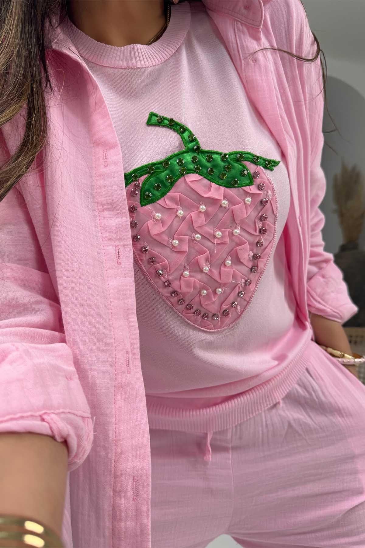 Müslin Uzun Gömlekli Takım Pembe