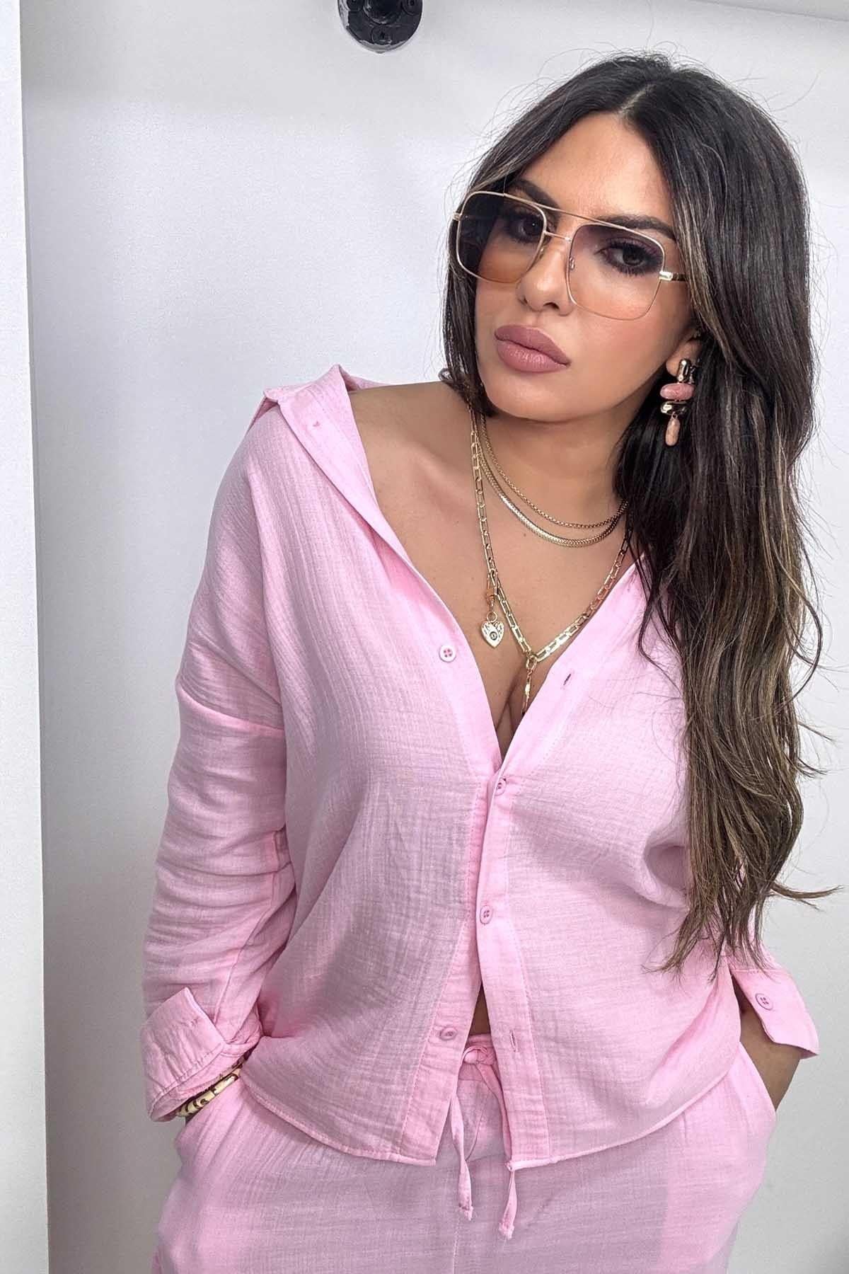Müslin Uzun Gömlekli Takım Pembe