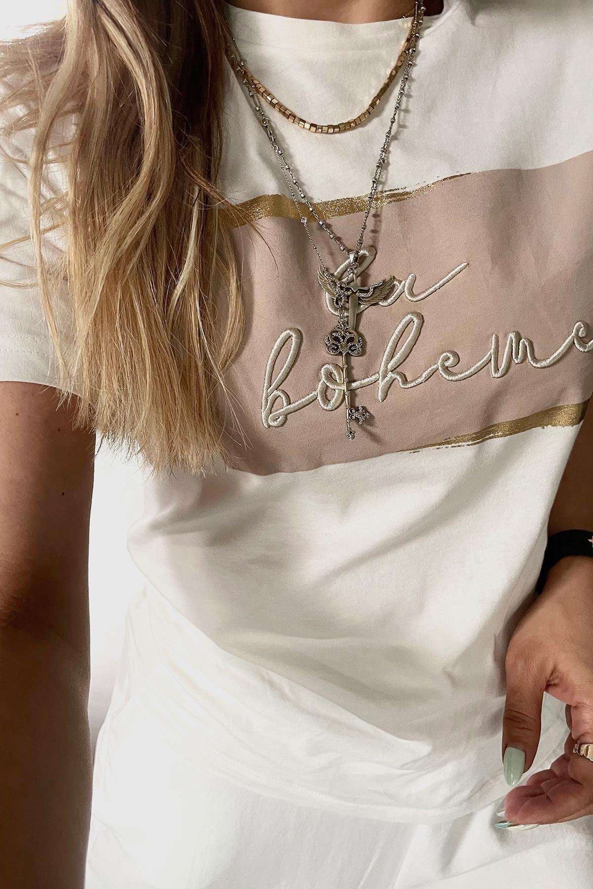 Nakış İşlemeli Lov Bohem Tshirt Ekru