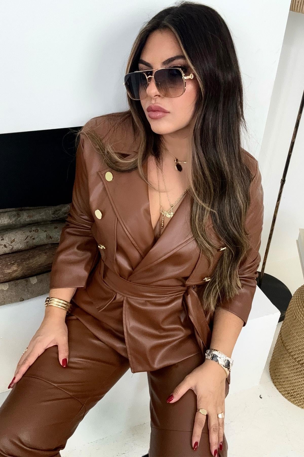 NTW Model Gold Düğmeli Deri Ceket Taba