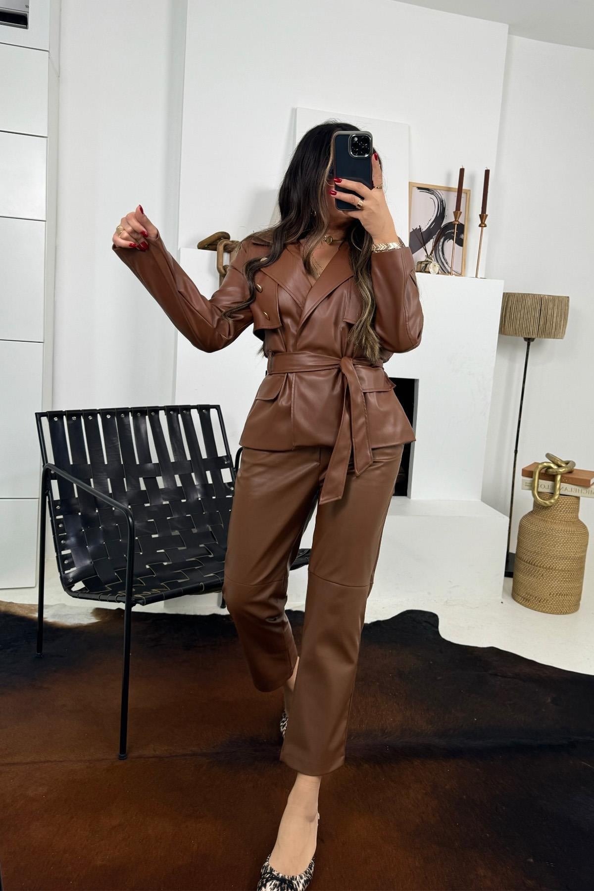 NTW Model Gold Düğmeli Deri Ceket Taba