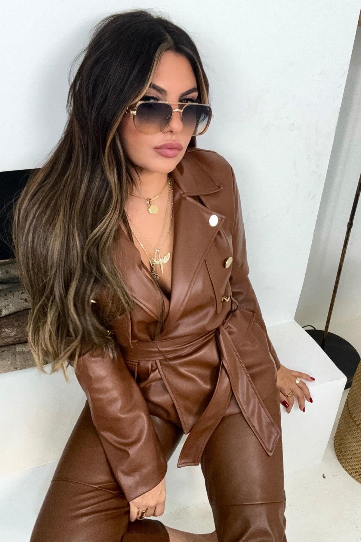 NTW Model Gold Düğmeli Deri Ceket Taba