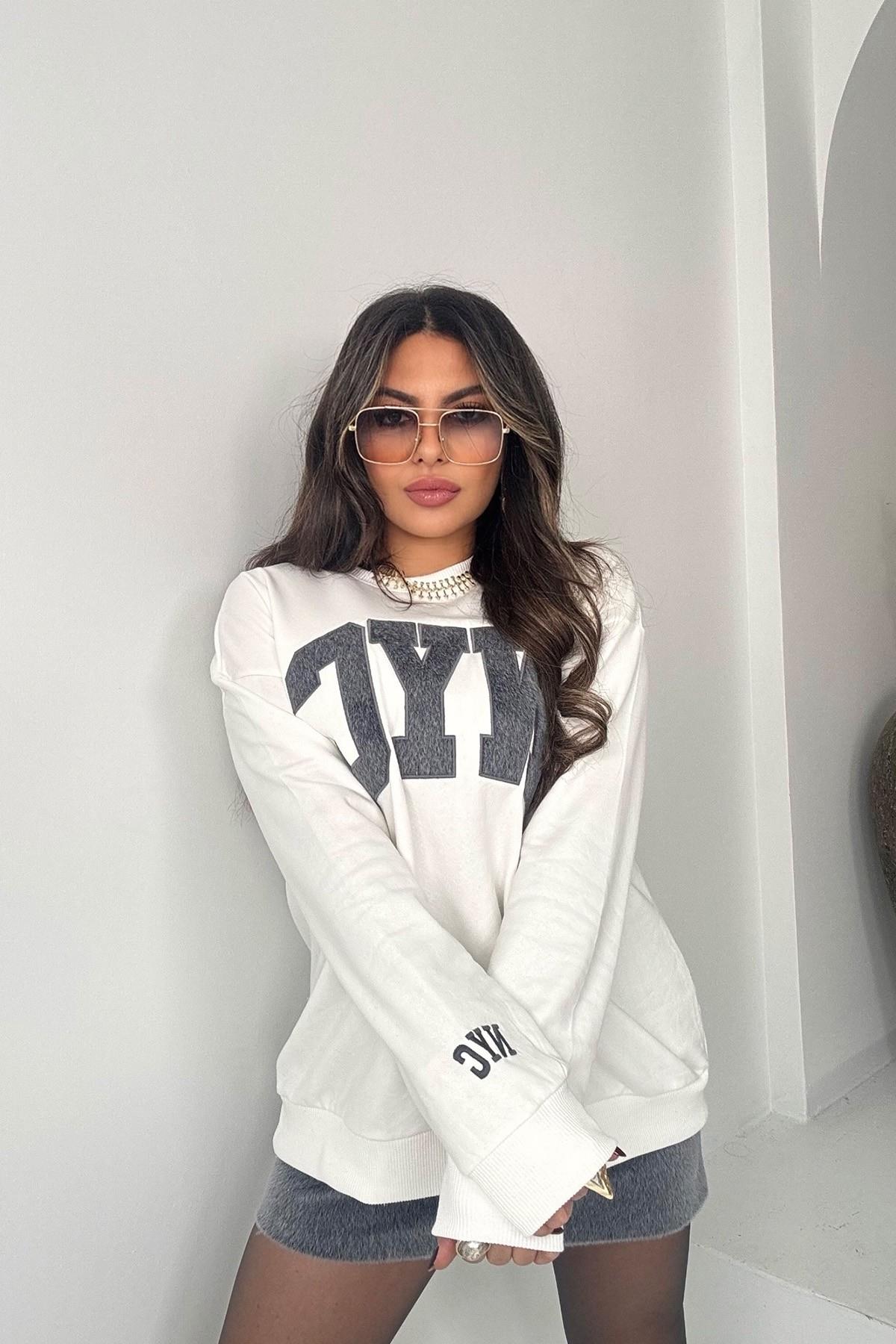 NYC Kürklü Sweat Etek Takım Ekru-Füme