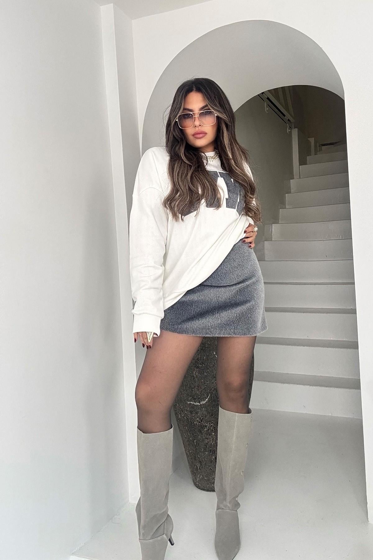 NYC Kürklü Sweat Etek Takım Ekru-Füme
