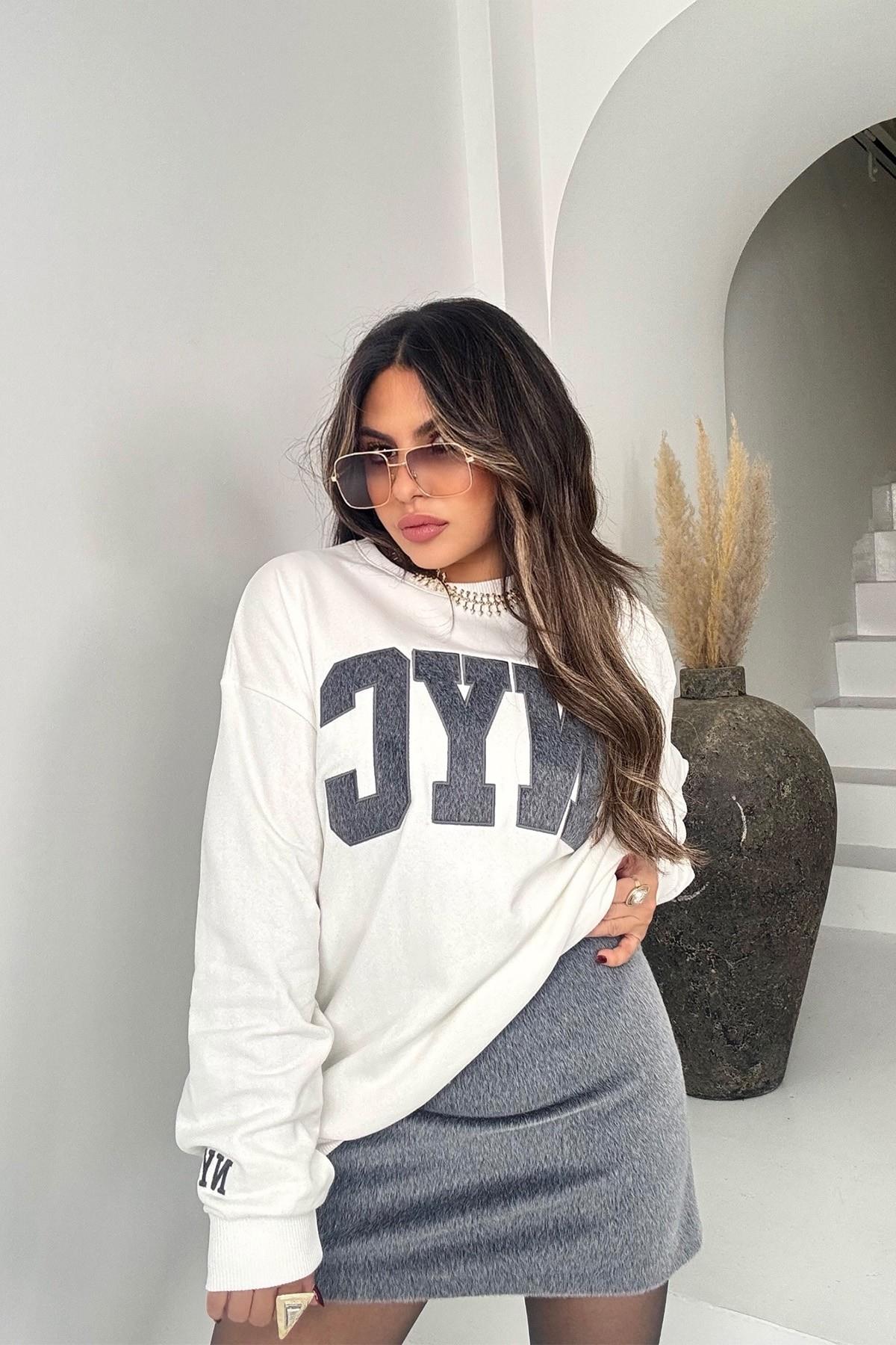 NYC Kürklü Sweat Etek Takım Ekru-Füme
