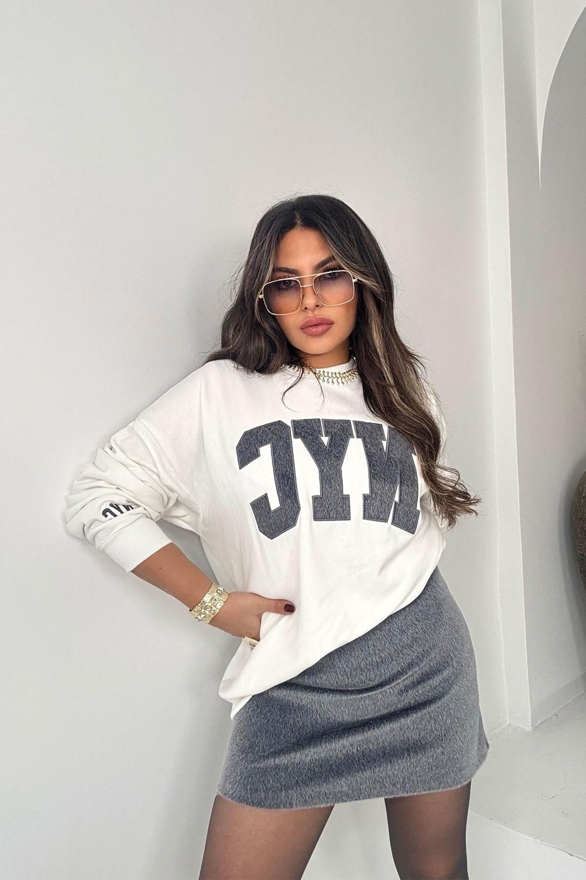 NYC Kürklü Sweat Etek Takım Ekru-Füme