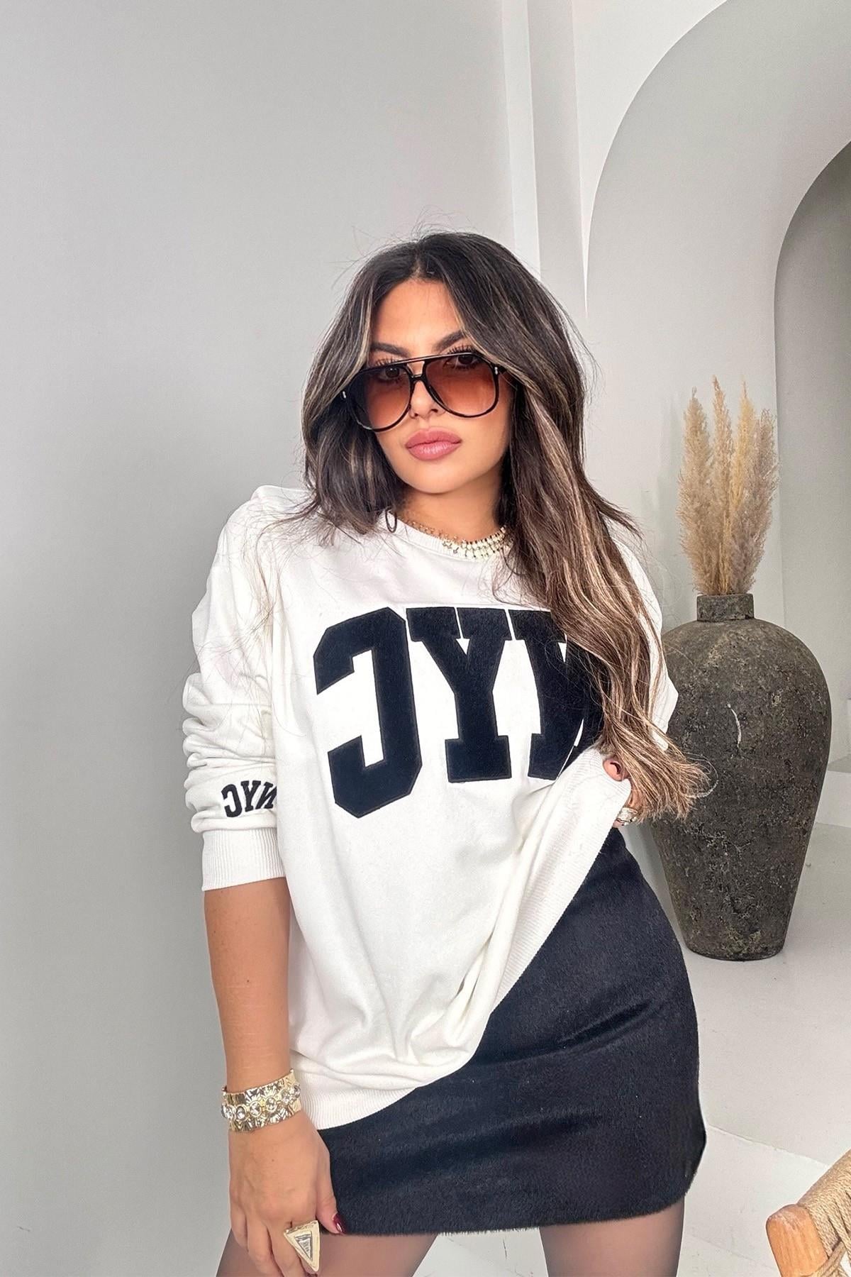 NYC Kürklü Sweat Etek Takım Ekru-Siyah