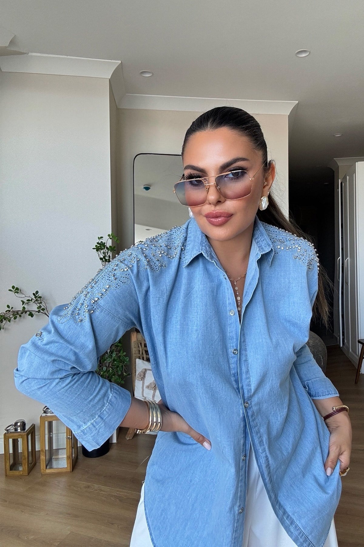 Omuzu Taşlı Tencel Denim Gömlek Açık Mavi