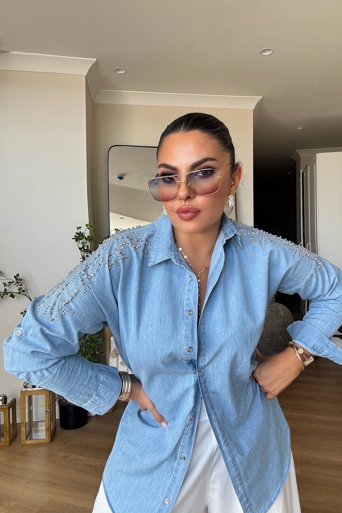 Omuzu Taşlı Tencel Denim Gömlek Açık Mavi