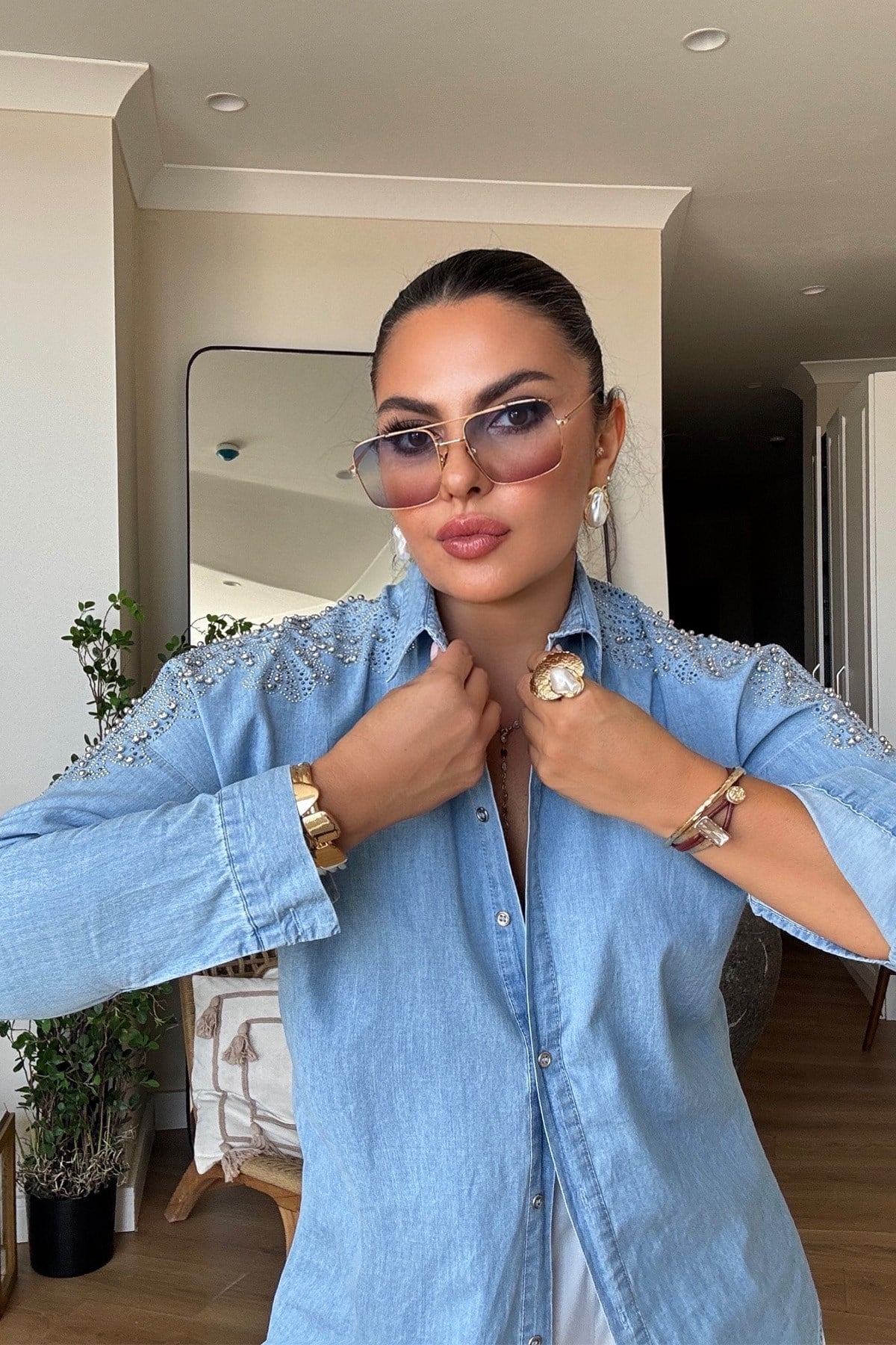 Omuzu Taşlı Tencel Denim Gömlek Açık Mavi