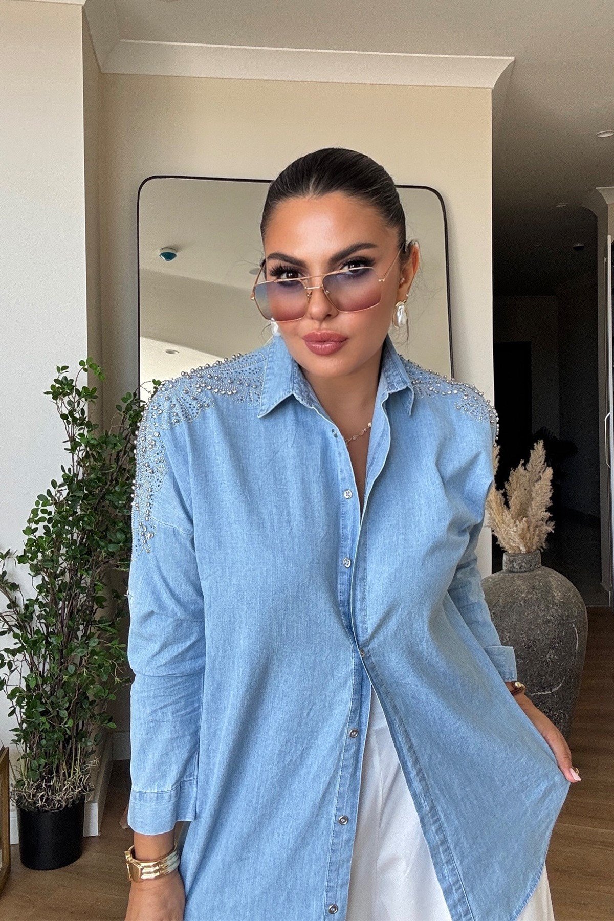Omuzu Taşlı Tencel Denim Gömlek Açık Mavi