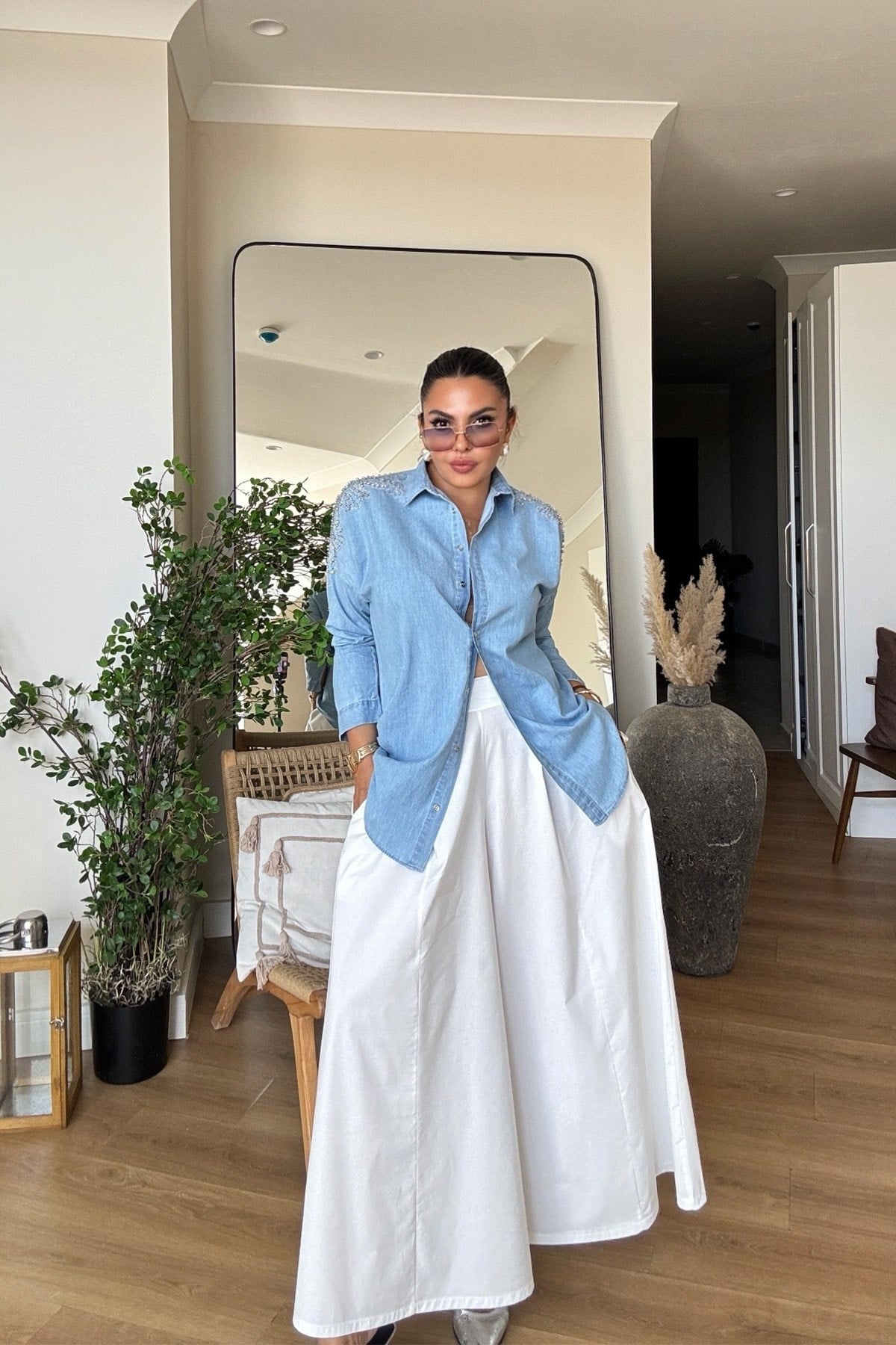Omuzu Taşlı Tencel Denim Gömlek Açık Mavi