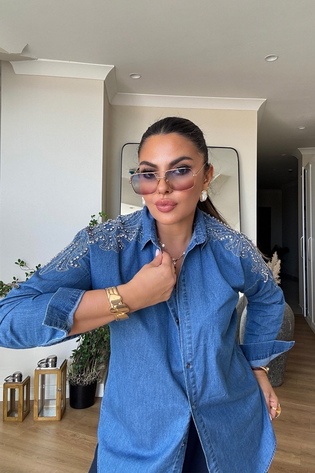 Omuzu Taşlı Tencel Denim Gömlek mavi