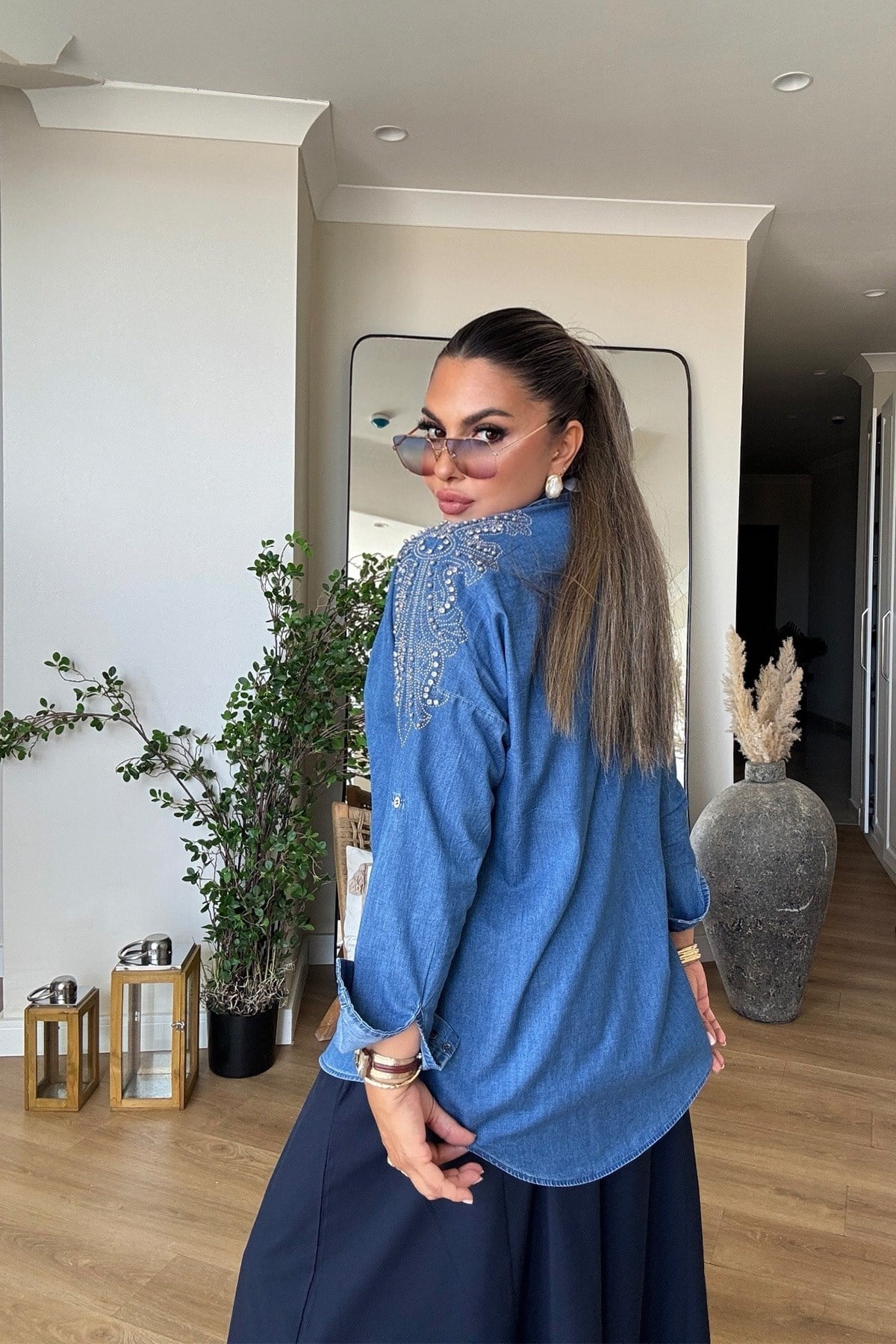Omuzu Taşlı Tencel Denim Gömlek mavi