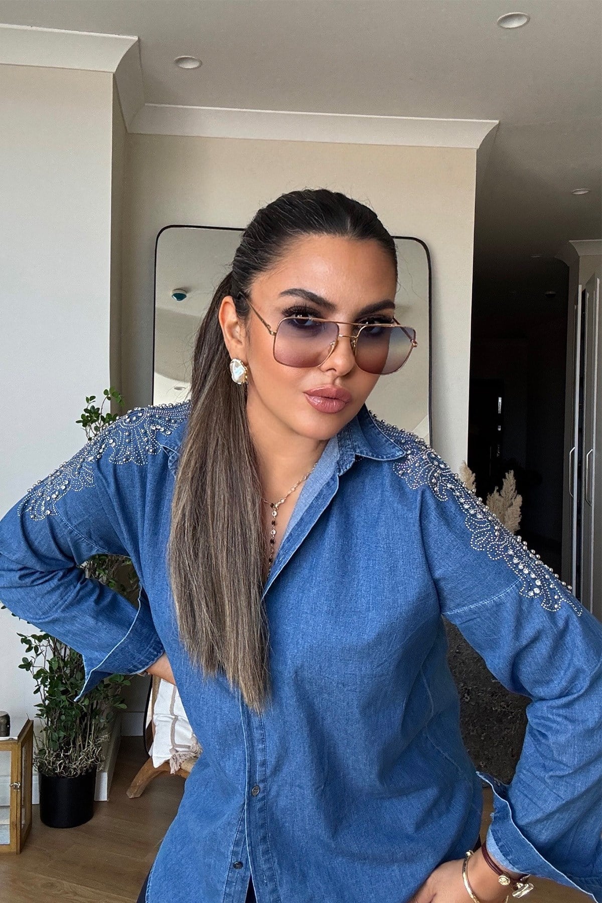 Omuzu Taşlı Tencel Denim Gömlek mavi