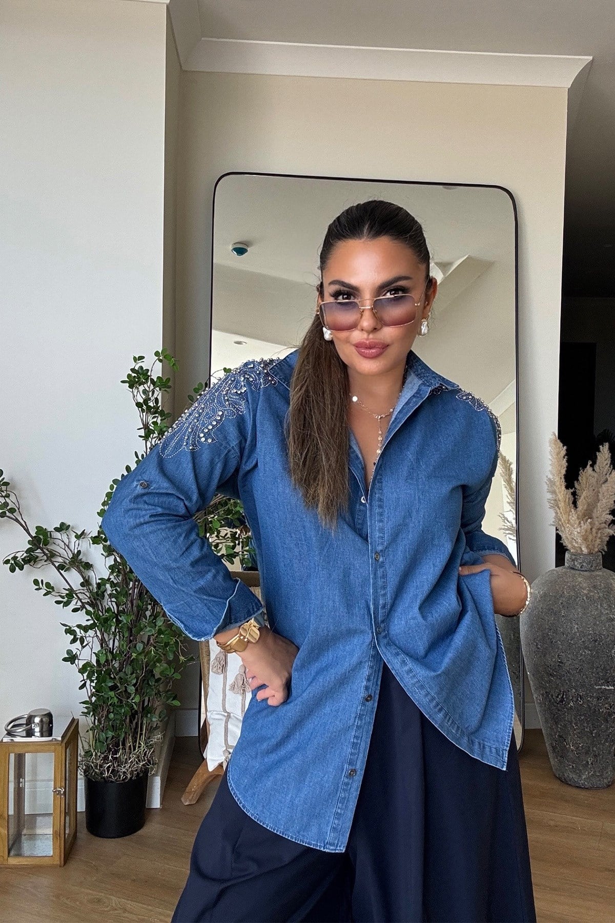 Omuzu Taşlı Tencel Denim Gömlek mavi