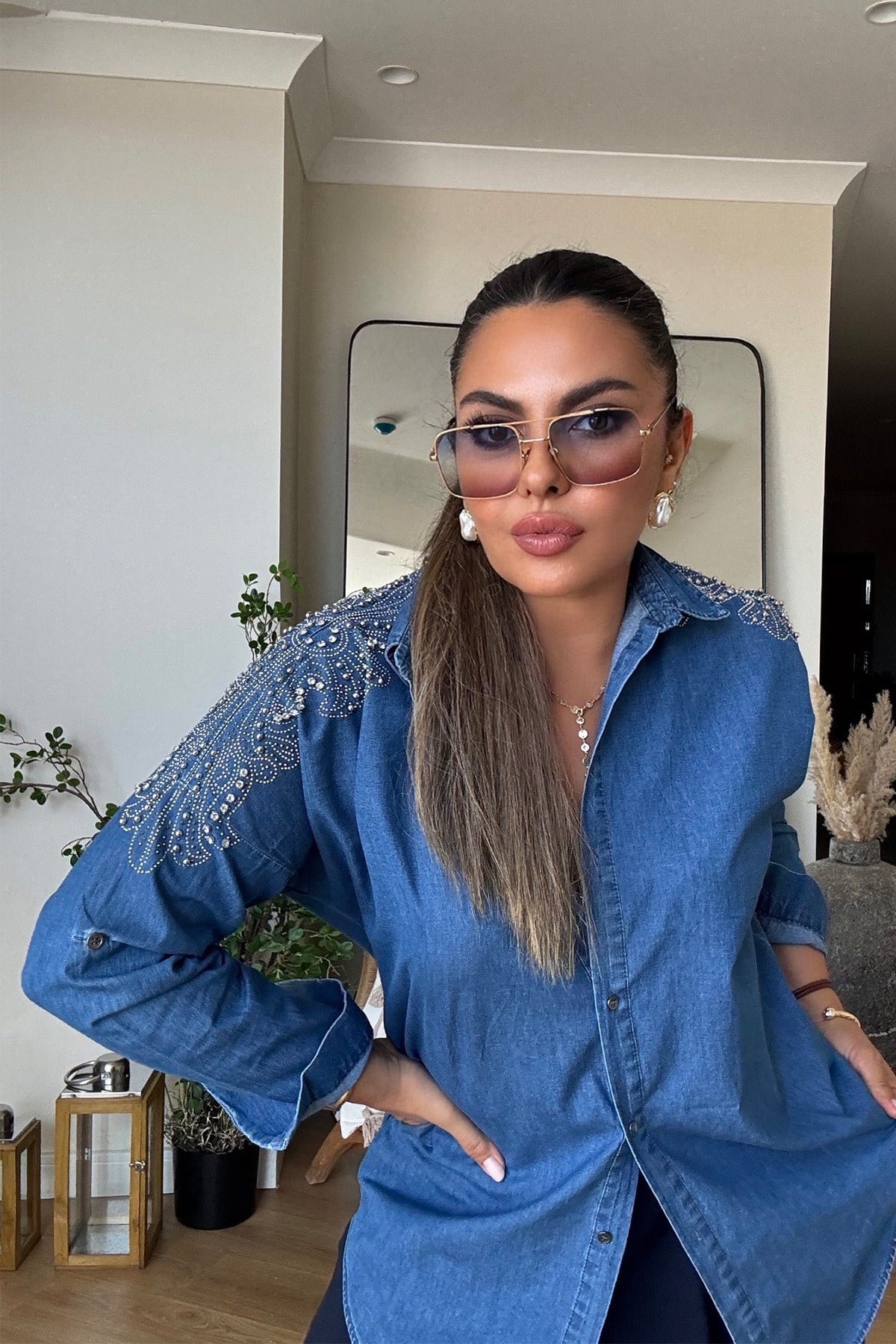 Omuzu Taşlı Tencel Denim Gömlek mavi