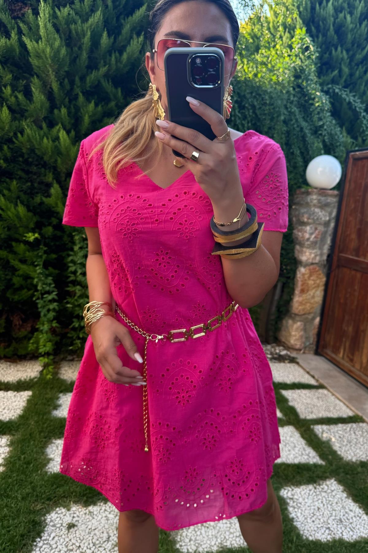 Ön Arka V Yaka Fisto Elbise Pembe