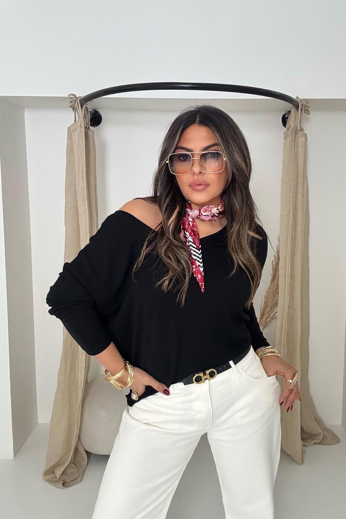 Ön Arka V Yaka Yumoş Örme Bluz Siyah