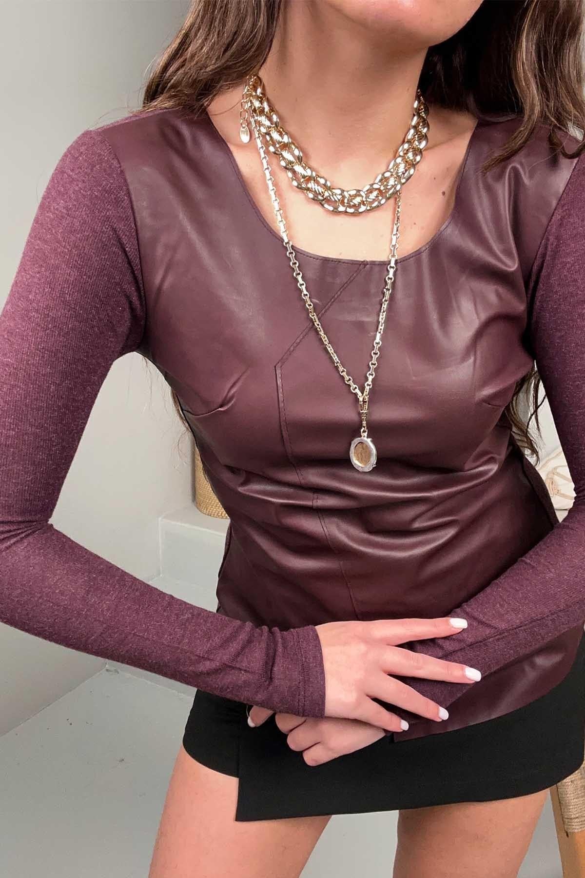 Önü Deri Triko Bluz Bordo