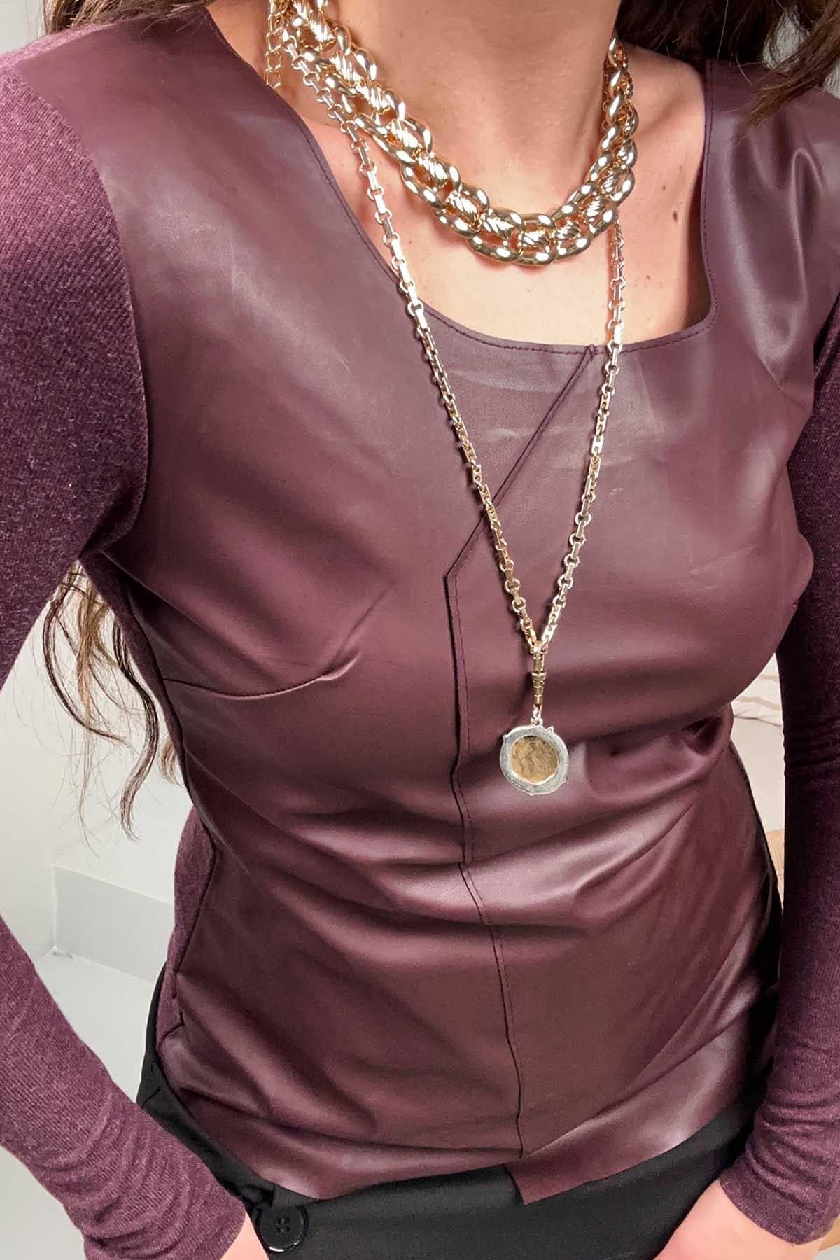 Önü Deri Triko Bluz Bordo