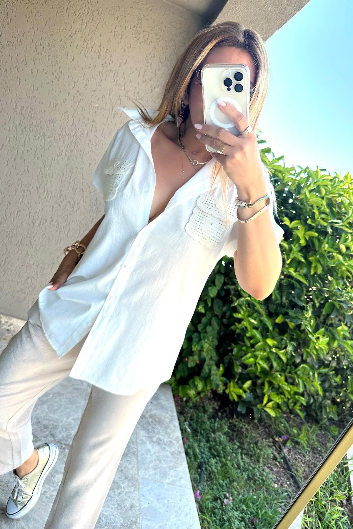 Örgü Cep Detaylı Gömlek Ekru