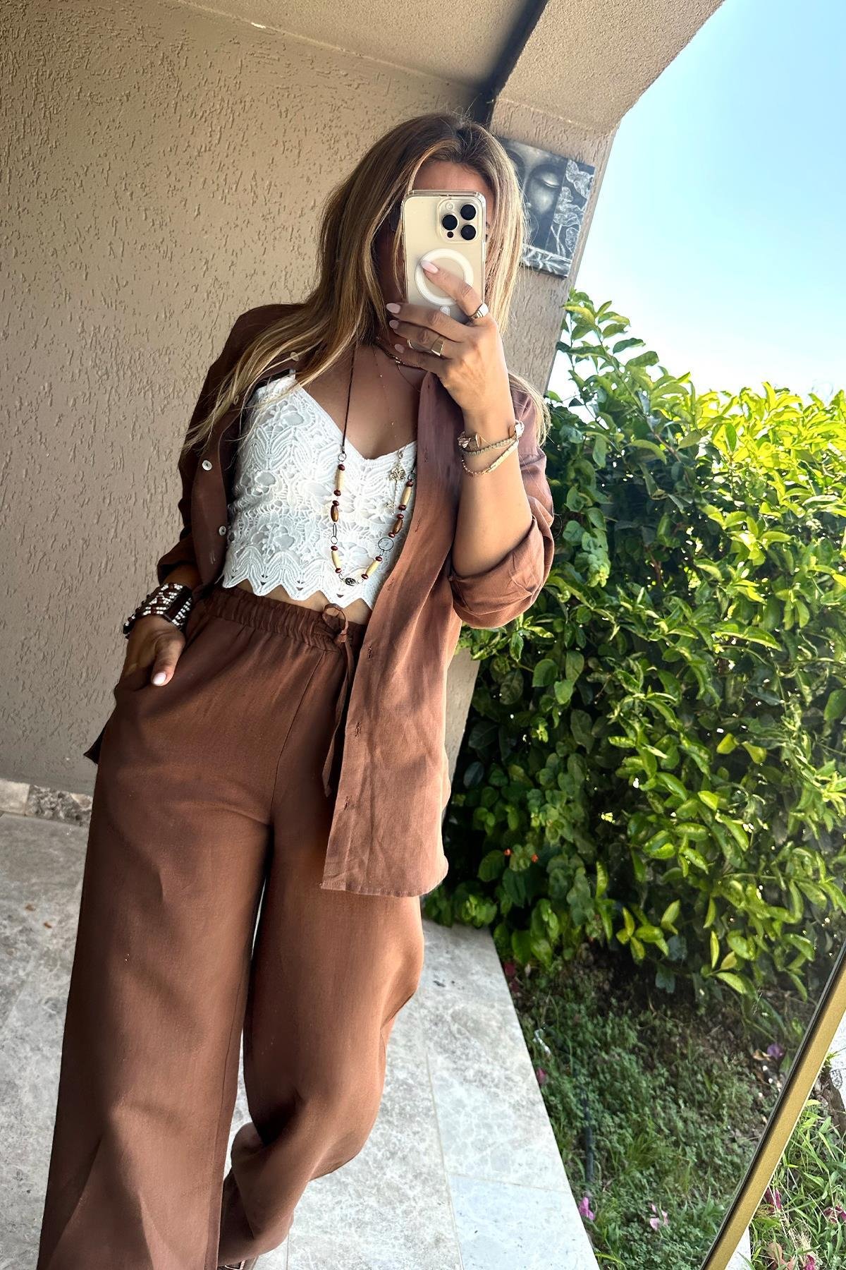 Örgü Dantel İşleme Crop Ekru