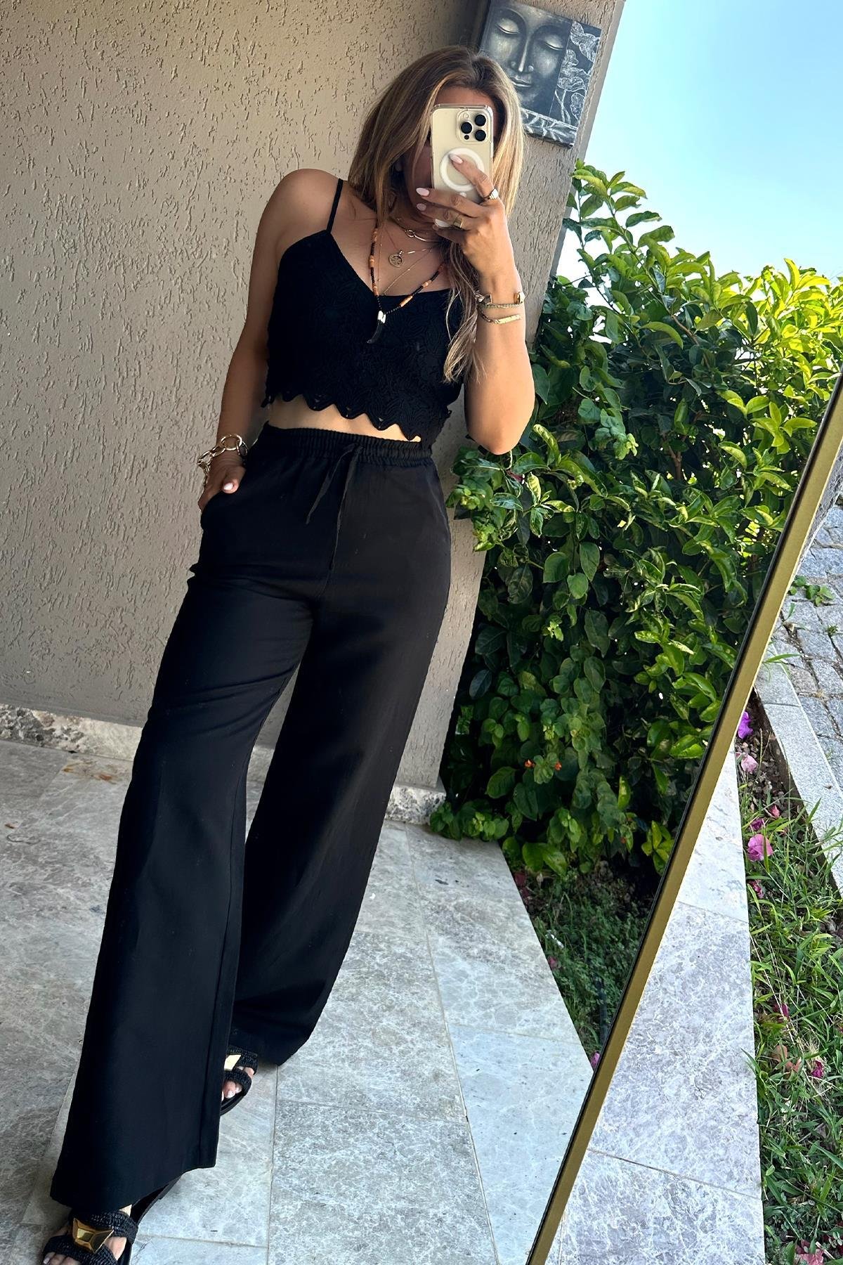 Örgü Dantel İşleme Crop Siyah