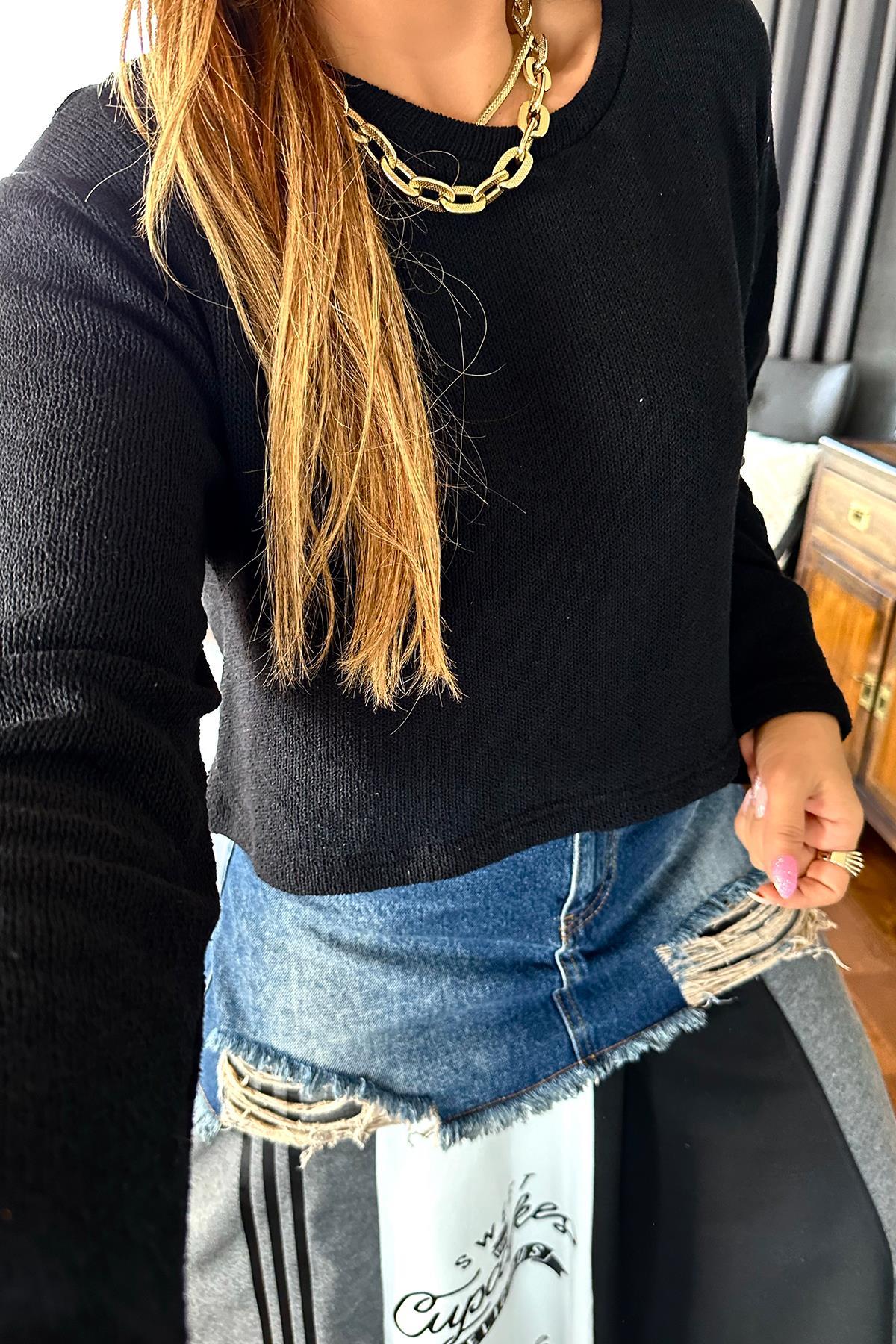 Örme Triko Kumaş Crop Siyah