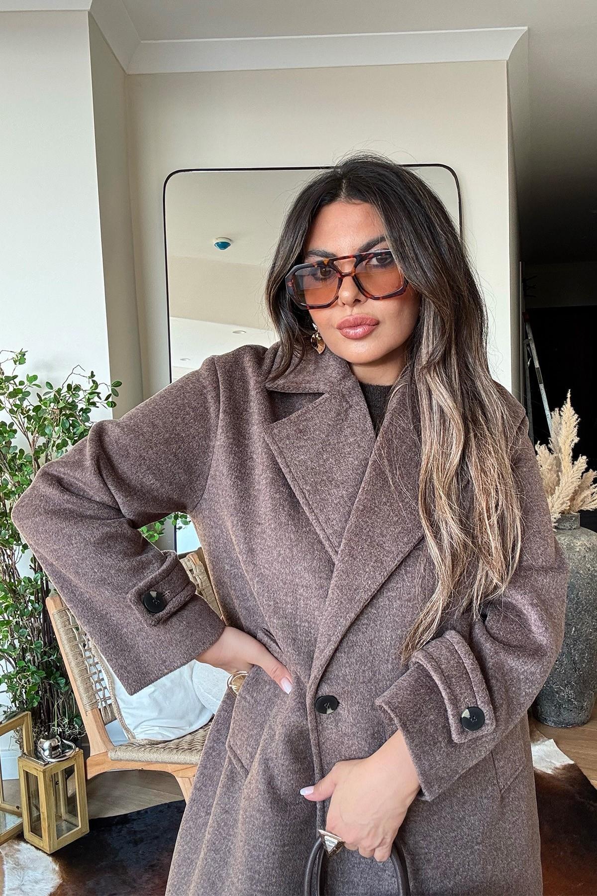 Oversize Kaşe Kaban Kahve