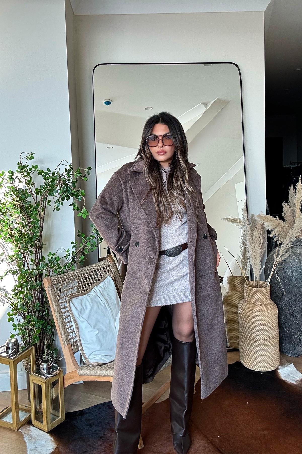 Oversize Kaşe Kaban Kahve