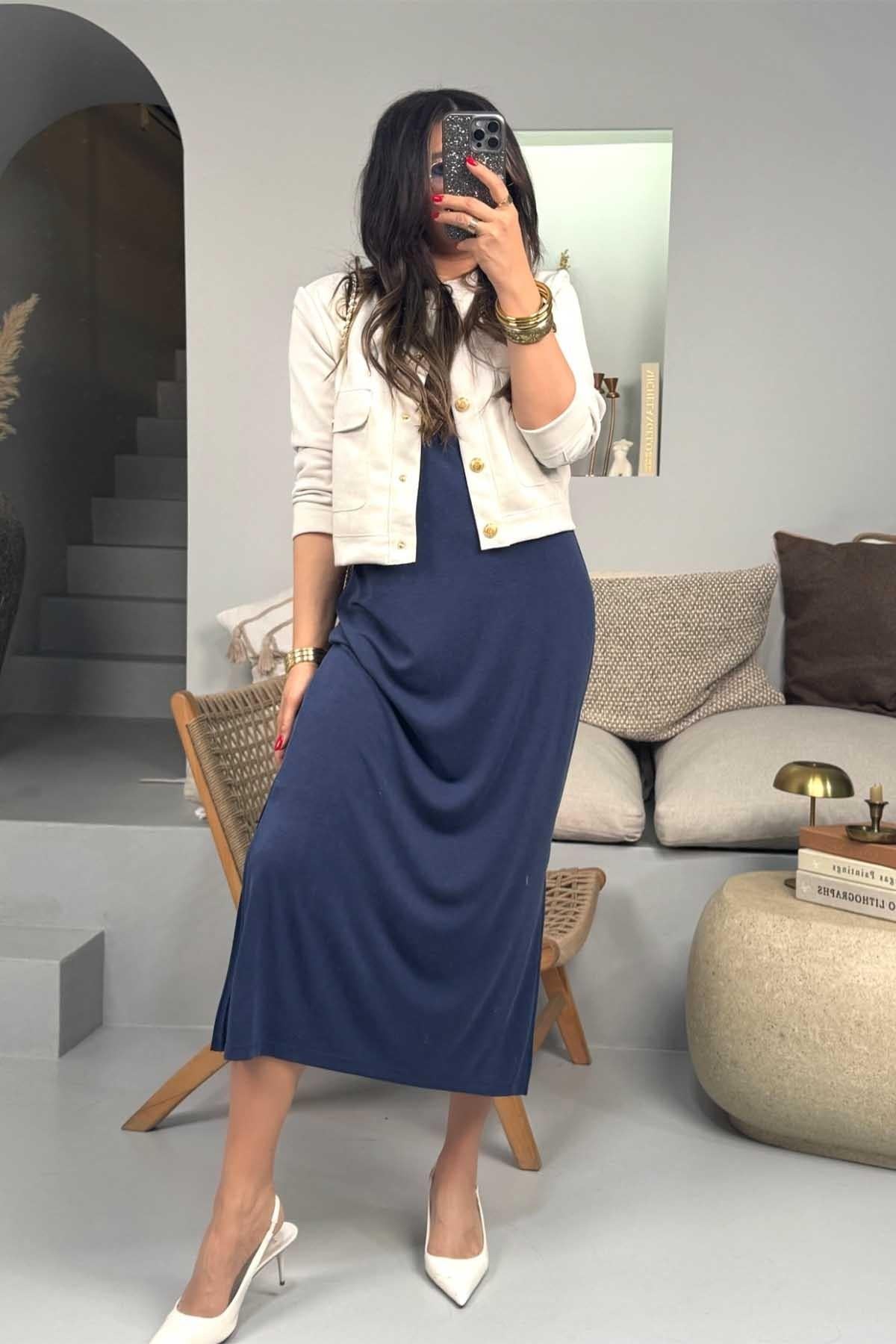Oysh Model Basic Elbise İndigo Mavi