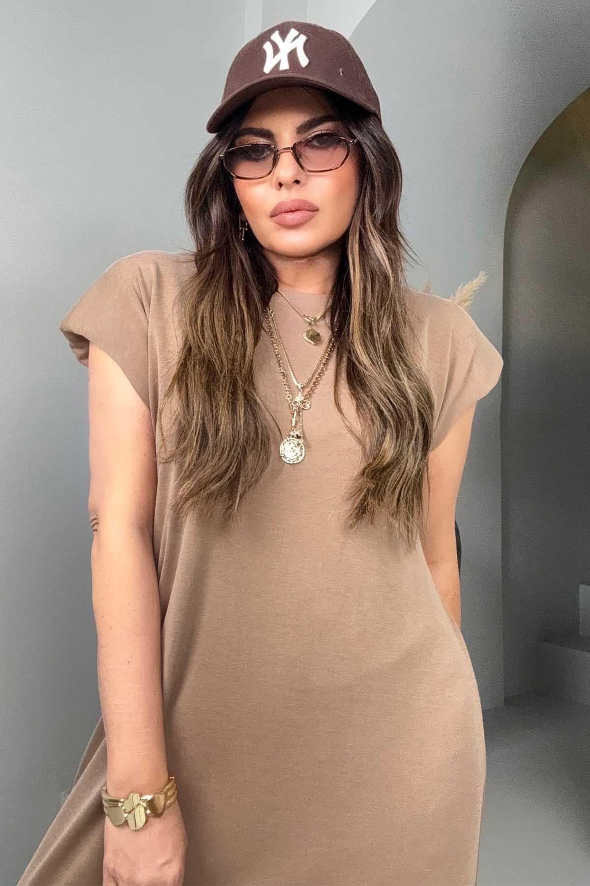 Oysh Model Vatkalı Midi Elbise Camel