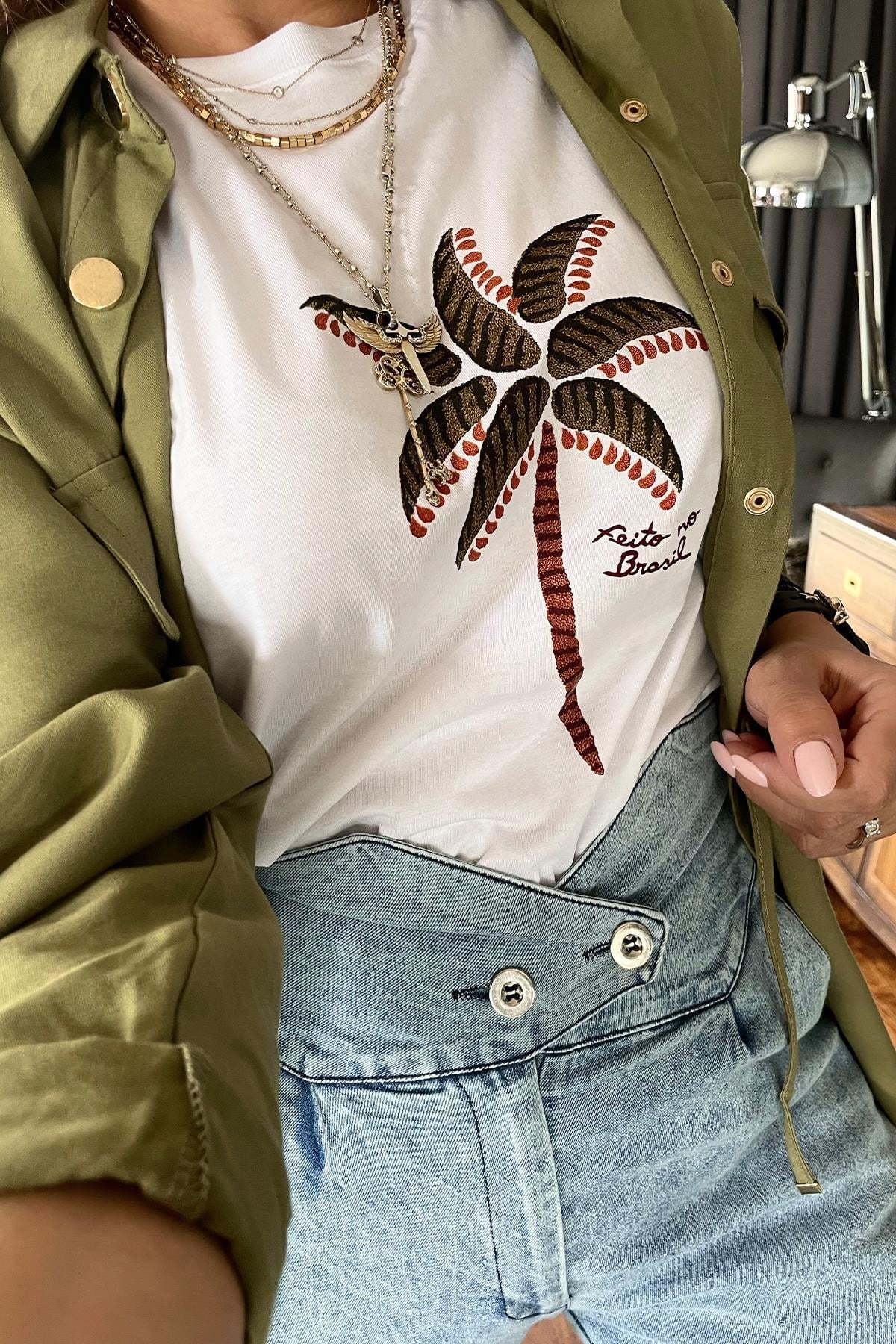 Palmiye Baskılı Tshirt Beyaz