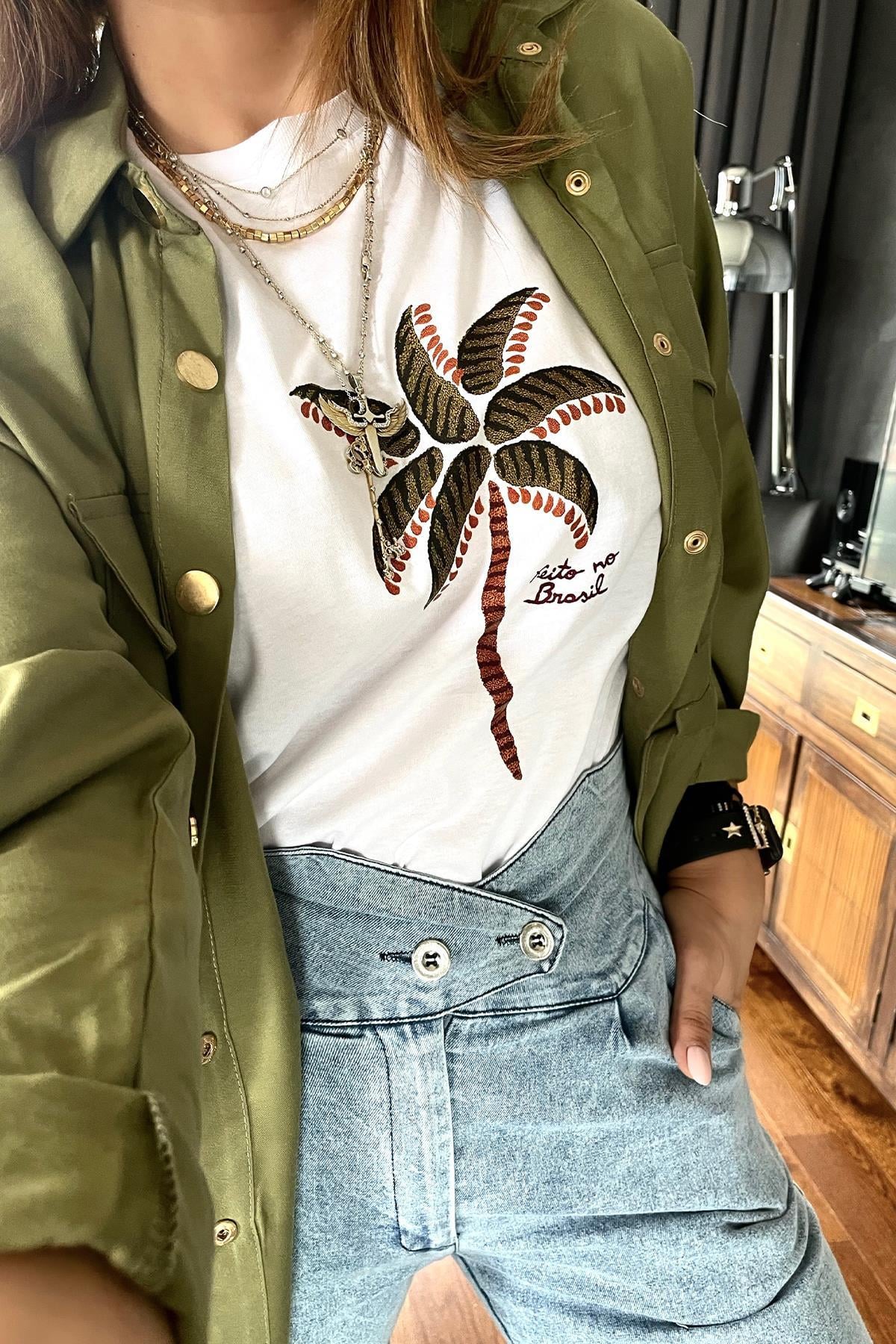 Palmiye Baskılı Tshirt Beyaz