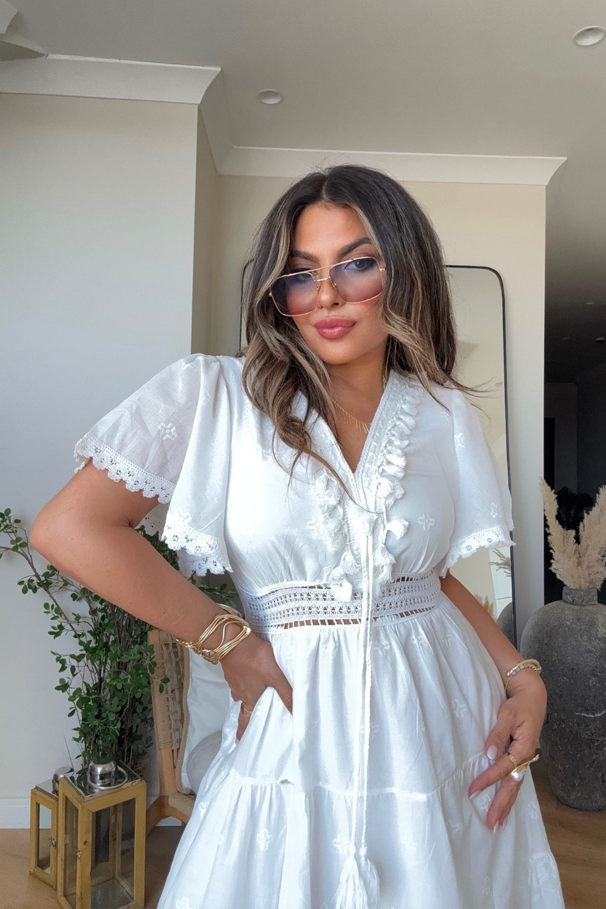 Pamuk İşleme Ve Brodeli Elbise Ekru