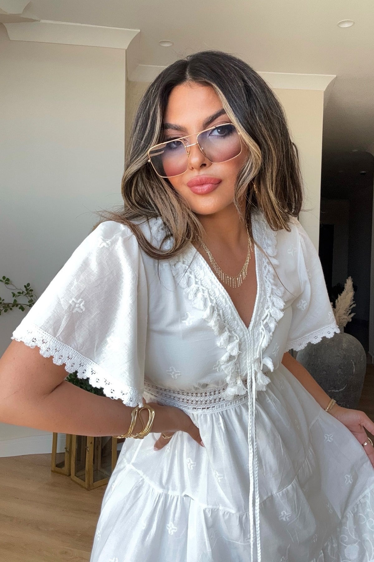 Pamuk İşleme Ve Brodeli Elbise Ekru