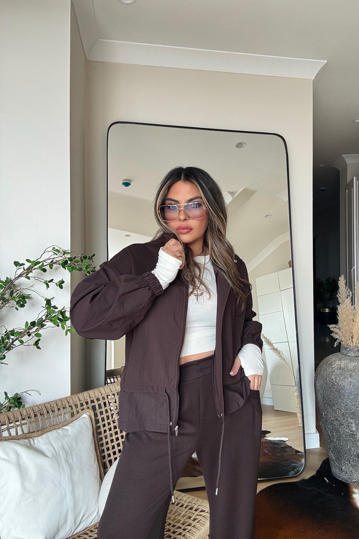 Paraşüt Kumaş Detaylı Modal Takım Acı Kahve