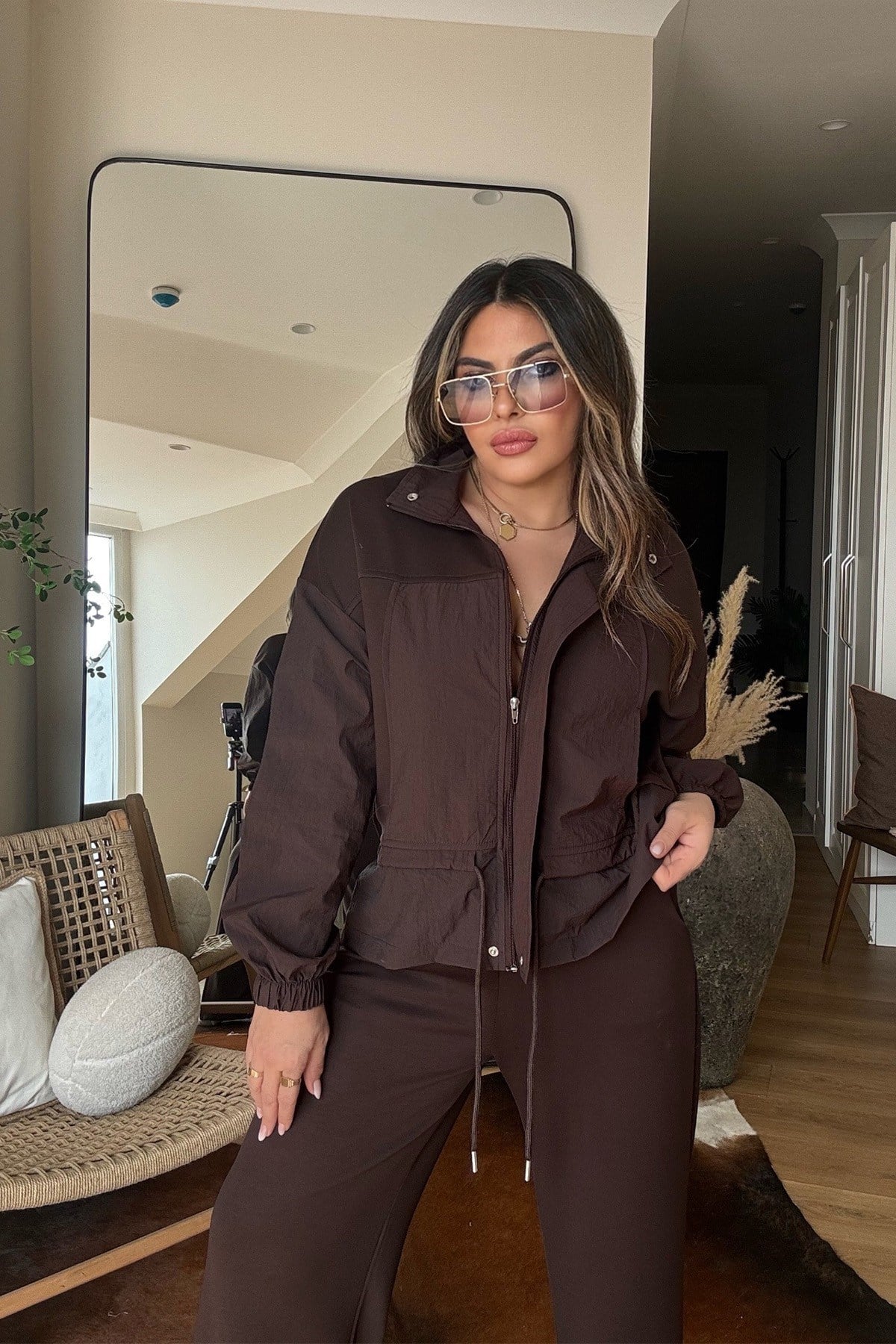 Paraşüt Kumaş Detaylı Modal Takım Acı Kahve