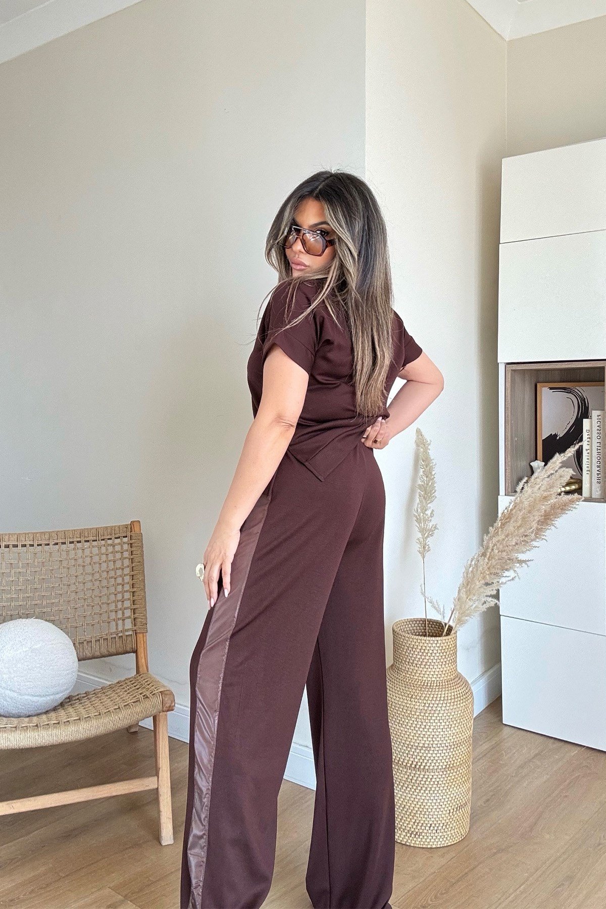 Paraşüt Kumaş Garnili Modal Takım Kahve