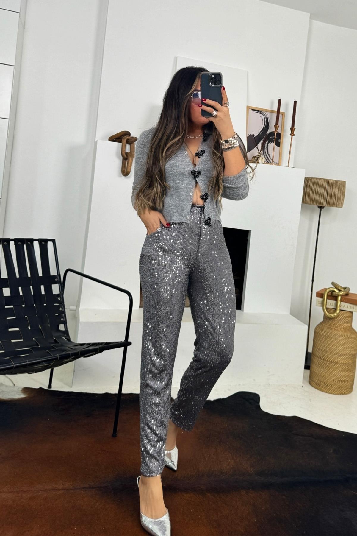 Payet Slim Fit Pantolon Gri