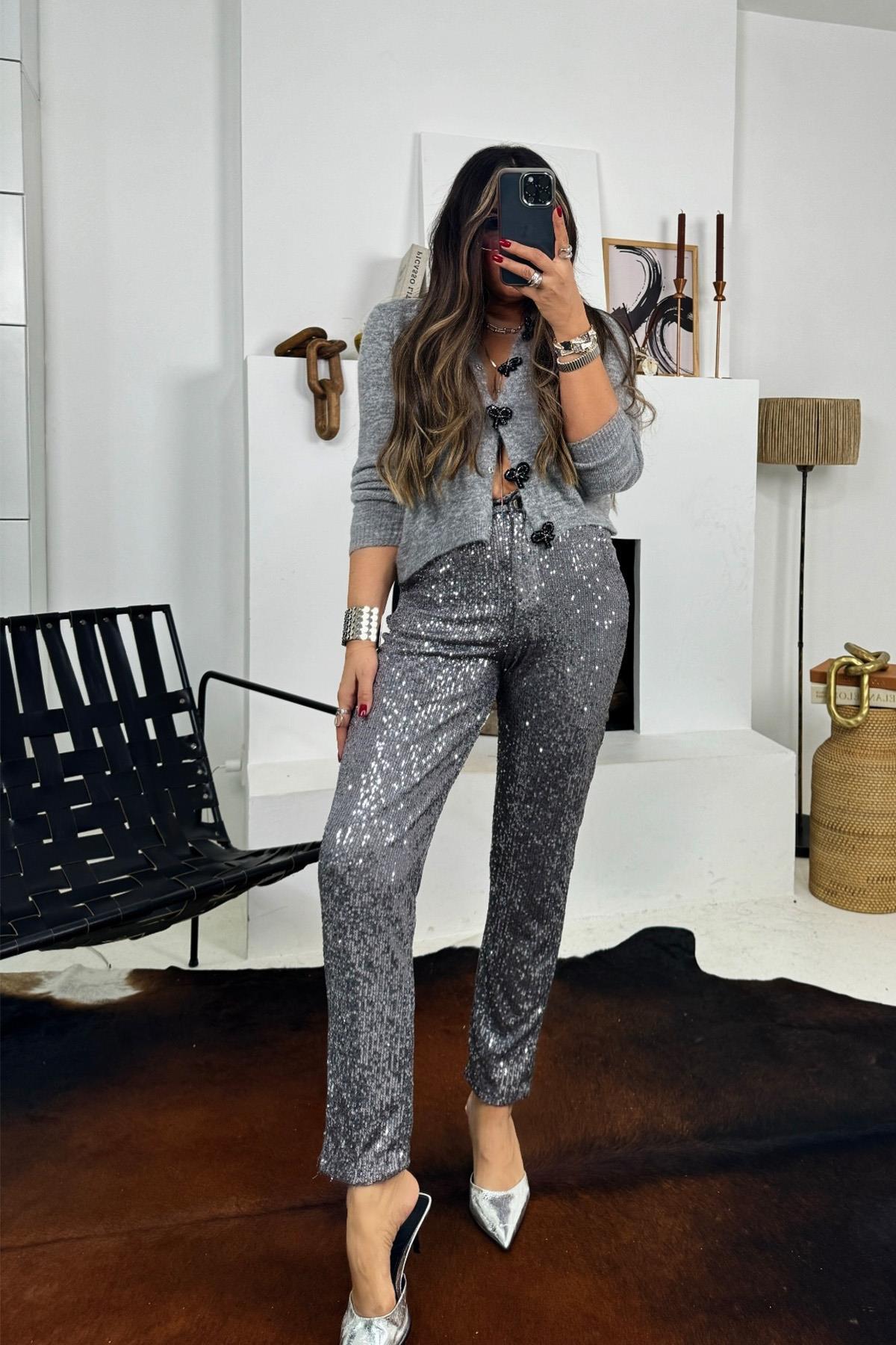 Payet Slim Fit Pantolon Gri