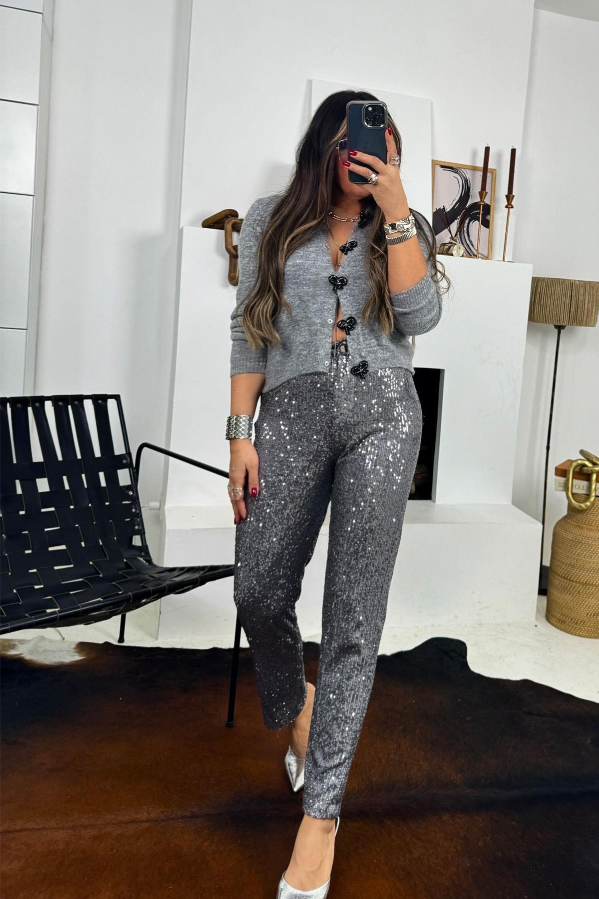 Payet Slim Fit Pantolon Gri