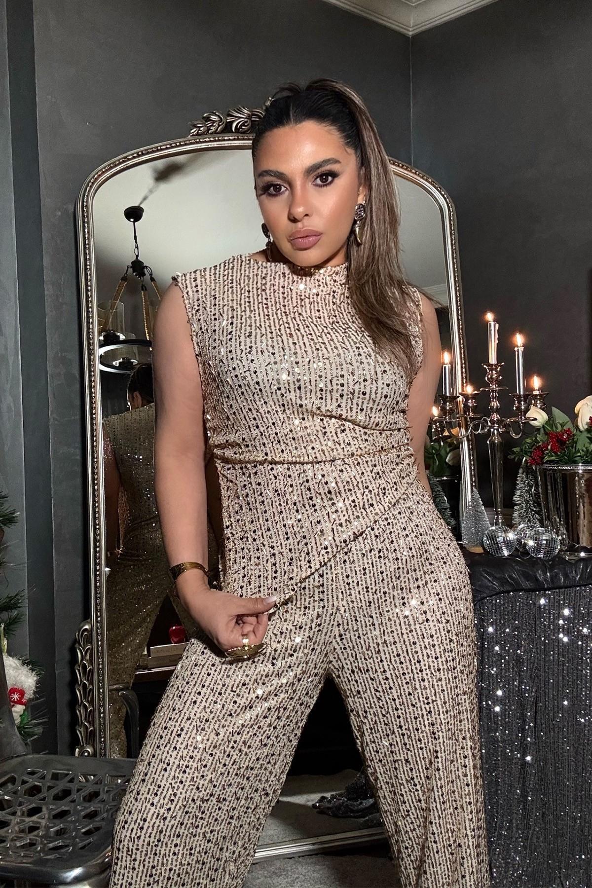 Payet Ve  Boncuk Detay Pantolon Gold