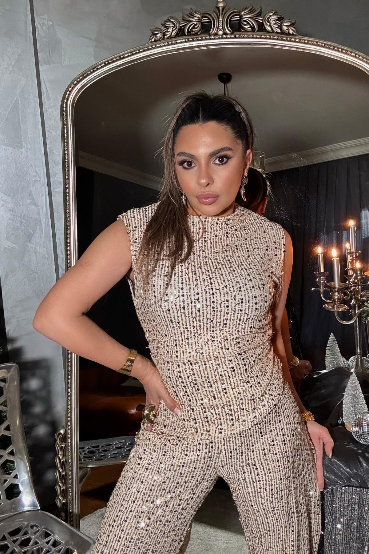 Payet Ve  Boncuk Detay Pantolon Gold