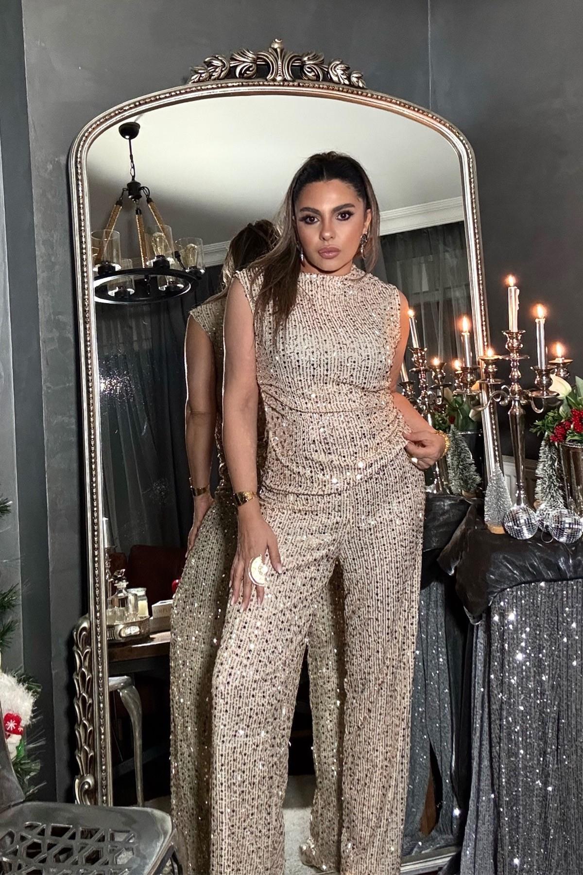 Payet Ve  Boncuk Detay Pantolon Gold