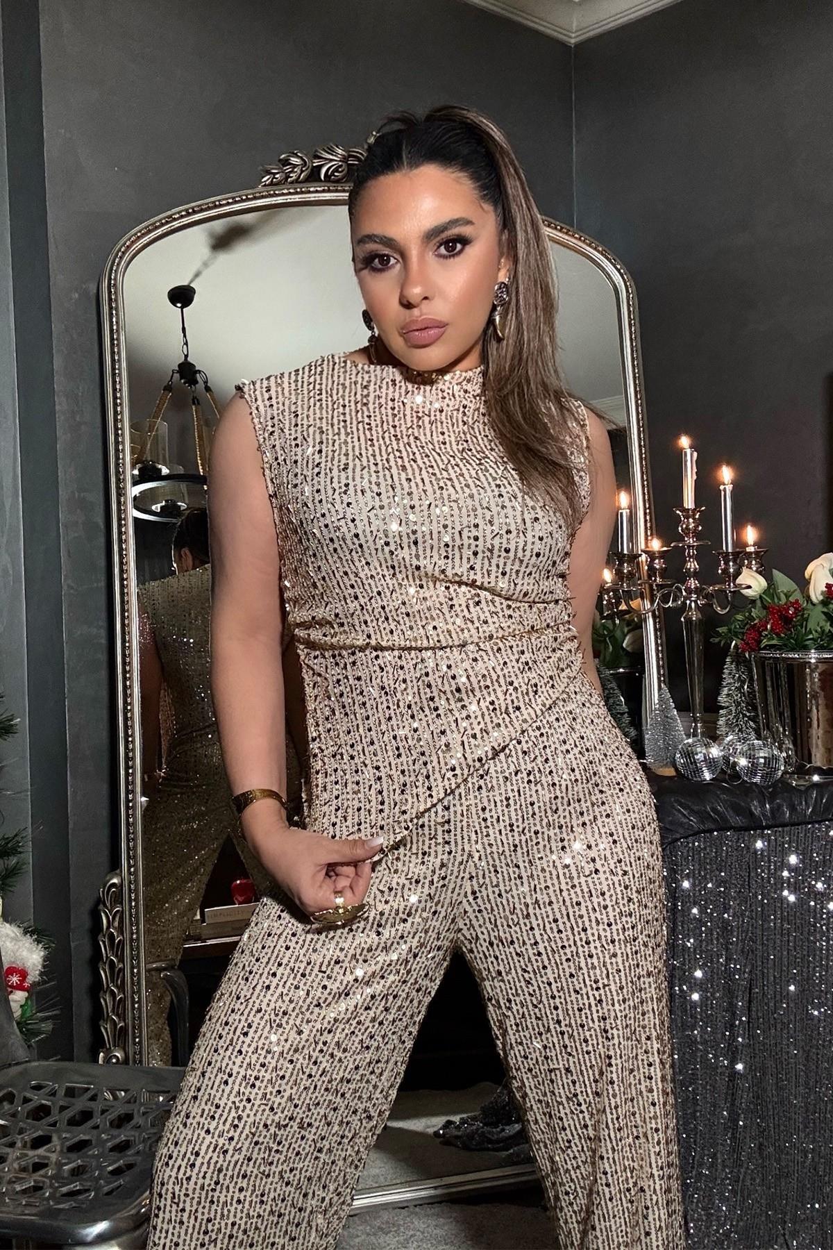 Payet Ve Boncuklu Drapeli Bluz Gold